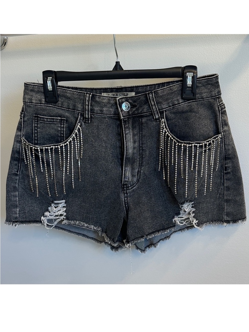 Chic Black Denim Shorts with Rhinestone Fringe